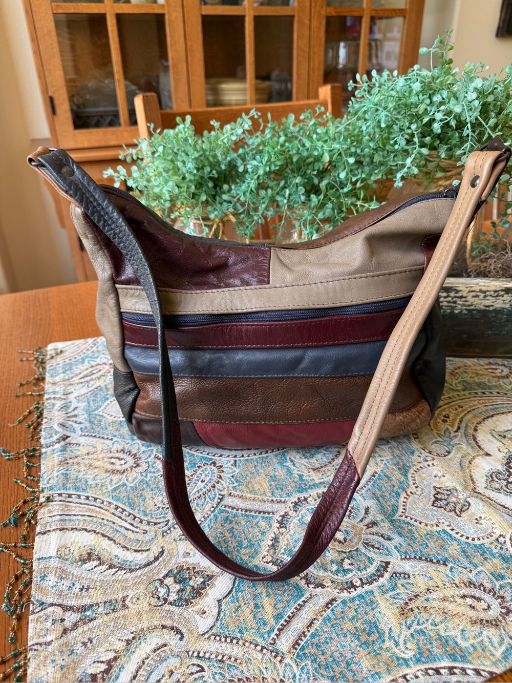 Genuine Leather Geometric Panel Shoulder Bag Made in Mexico Boho Vintage